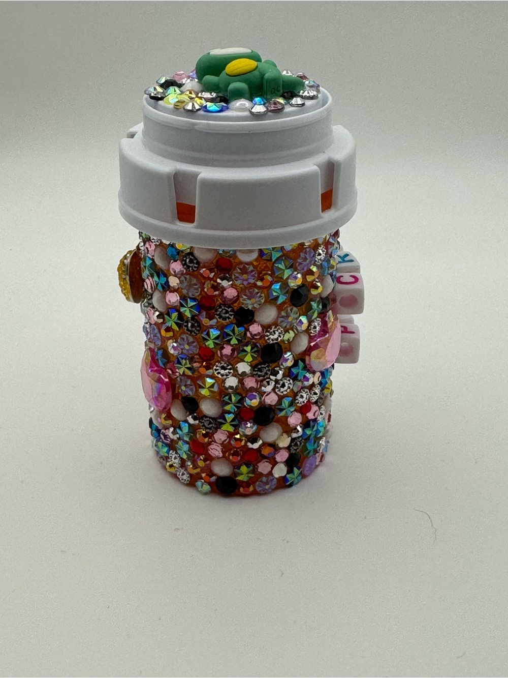 Hand Crafted Multicolor Bedazzled Pill Bottle Cover with Frog Accent - Picture 3 of 4
